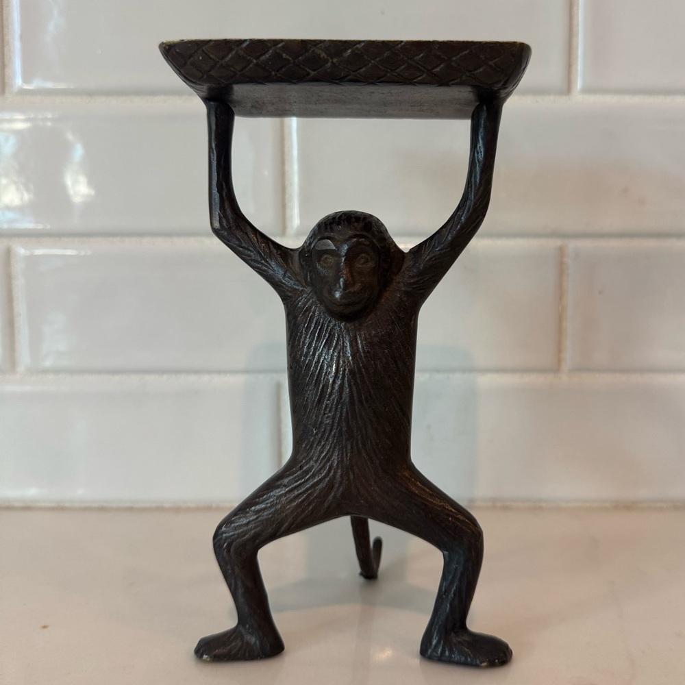 7" Brass Monkey Tray Art Deco Cast Metal Standing Tray Card Stand Soap Holder